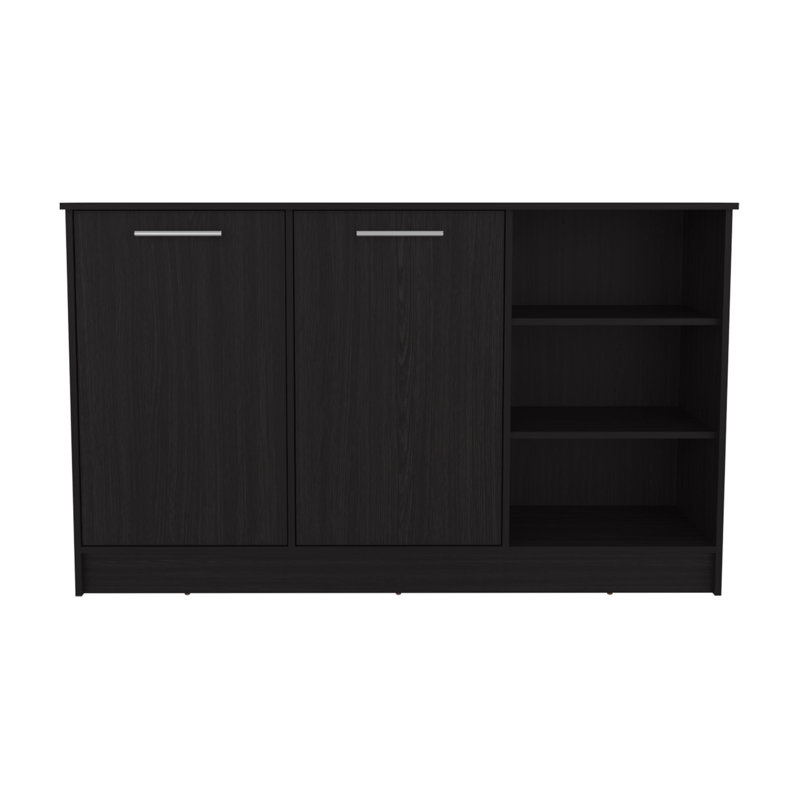 Kitchen Island, Three Open Shelves, Two Cabinets, Black, MDF