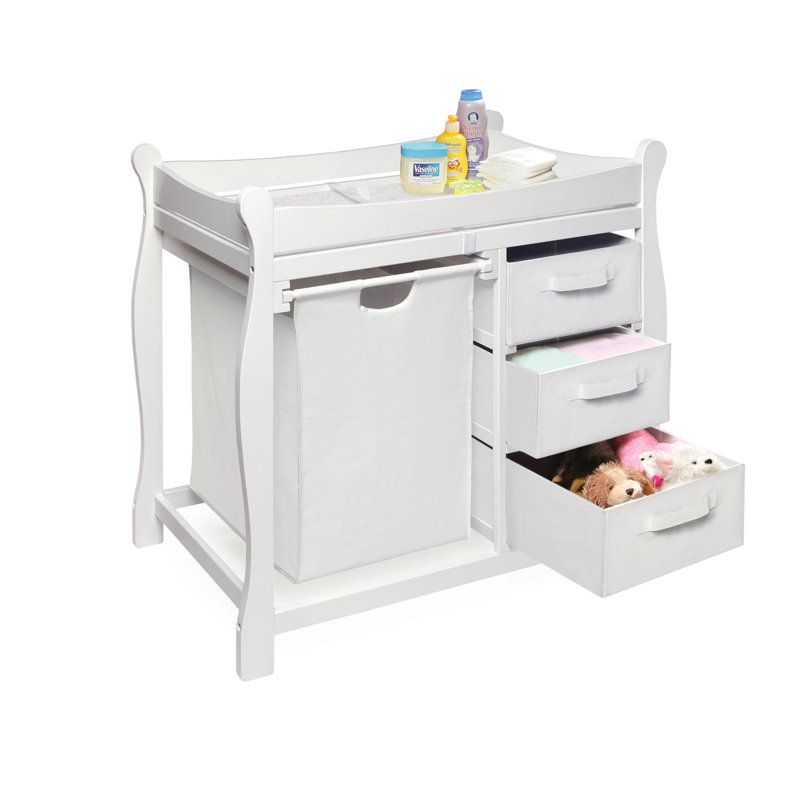 Degraff Deluxe Sleigh Style Changing Table with Pad, 3 Baskets and Hamper, White