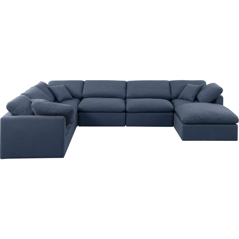 Canapé modulaire rembourré 7 pièces Hinami, Tissu texturé en lin bleu marine