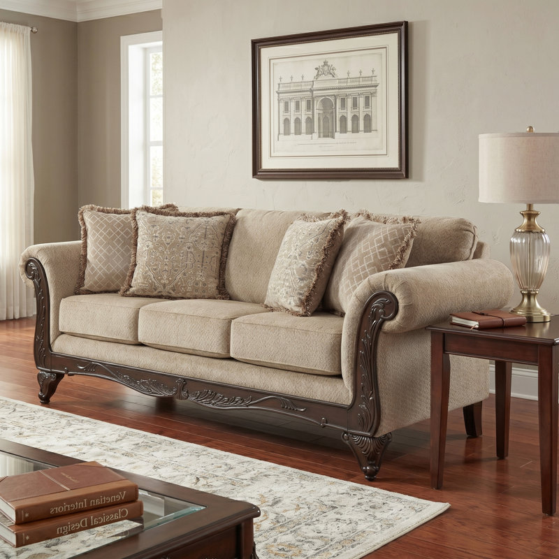 Halima Carved Wood Frame Sofa, Beige Wheat