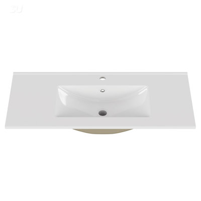 36-Inch White Ceramic Bathroom Sink, Fits 36-Inch Vanity, Pre-Drilled Faucet Hole, Modern Minimalist Design, Durable & Easy To Clean
