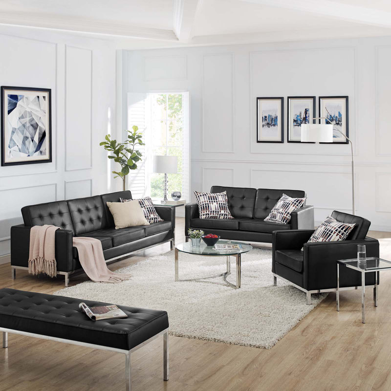 Ensemble de 3 pièces en similicuir capitonné Loft, Similicuir noir