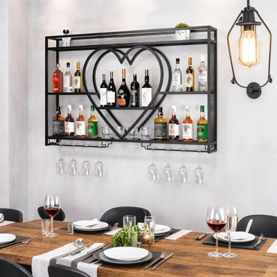 Liquor Bottles Bar Shelves Wall Mounted With LED Lighting Glass Holder, Wine Rack 3-Tiers Display Storage Organizer Hanging Long Stemware Goblet Metal For Home Cellar Black(39"X 6"X 33")