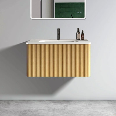 Meuble-lavabo rayé noyer 36 po avec lavabo en céramique blanc, meuble-lavabo mural flottant pour salle de bain moderne, KD