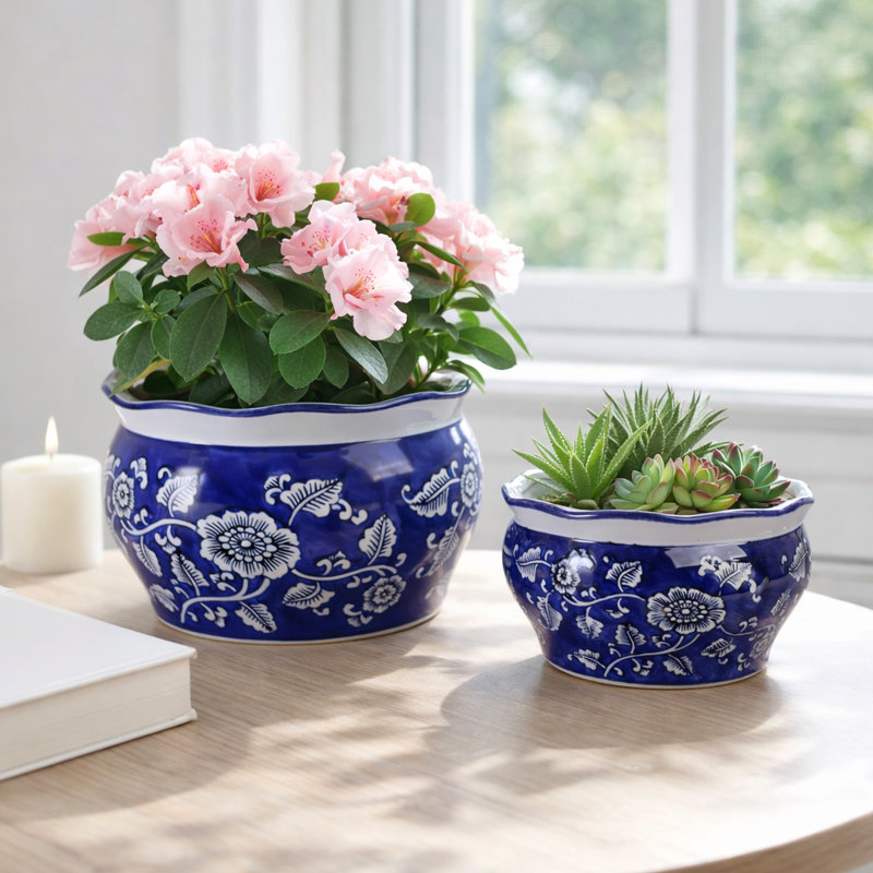 Traditional Ceramic Flower Pots for Home Decor - Decorative Indoor Planter Styling with Floral Design for Patio Outdoor Planters - Set of 2