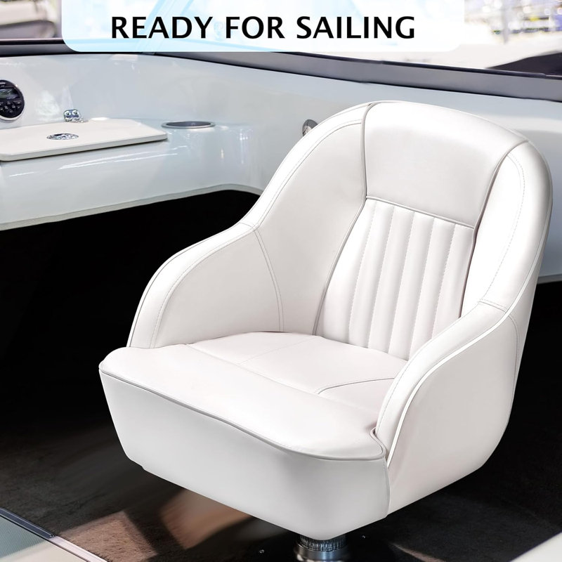 High Back Pontoon Captain Seat, UV-Resistant Vinyl Boat Chair, White/Blue Piping