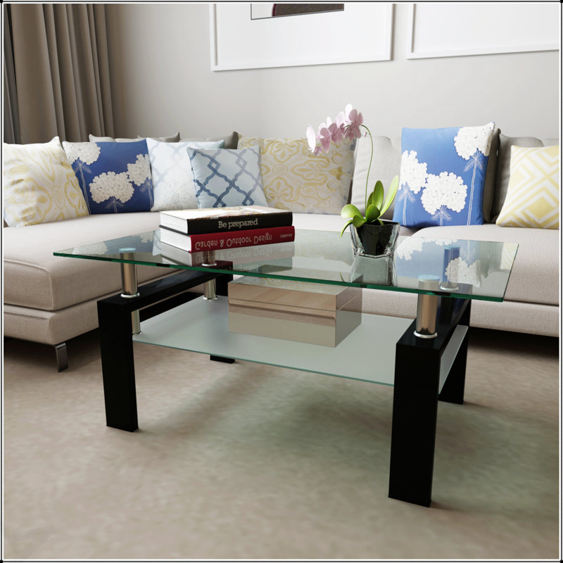 Table basse rectangulaire moderne en verre avec rangement double couche, transparente et polyvalente pour la maison et le bureau