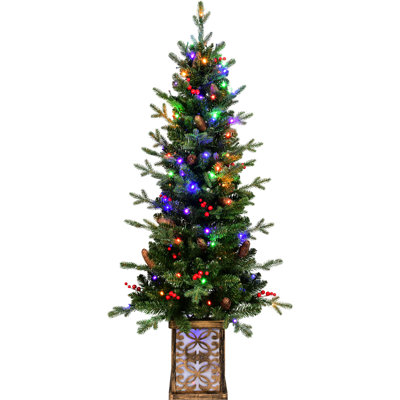Sapin de Noël festif de 1,20 m avec 100 lumières DEL multicolores, 396 branches, baies rouges, pin et base décorative stable et scintillante ornée de branches et de paillettes.