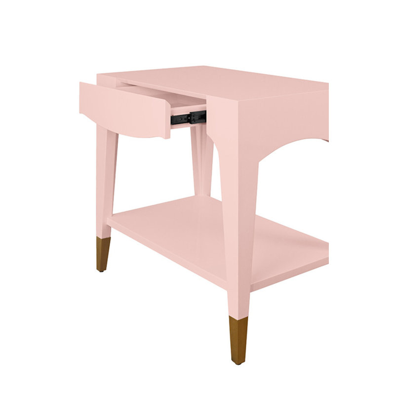 Table d'appoint à un tiroir avec pieds fuselés et repose-pieds en laiton antique, 29.4"H x 28"W x 18"D, Pink