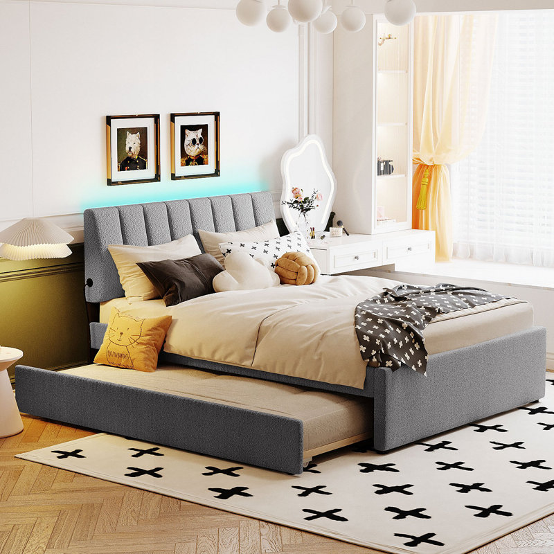 Lit plateforme tapissier Teddy, Gris, Lit double