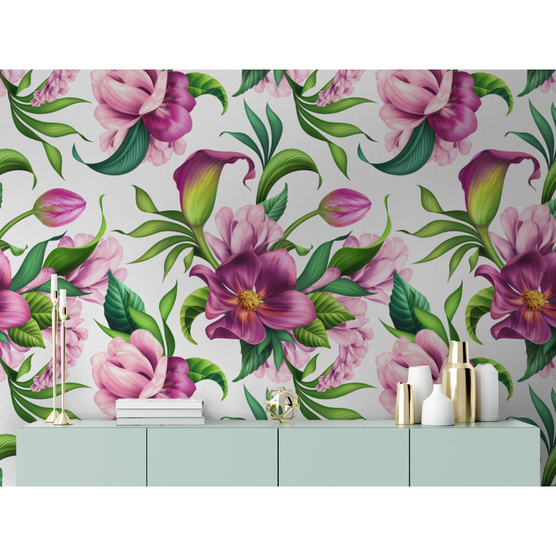 Papier peint amovible floral avec fleurs de lys et de tulipes Calla, L 9 po x l 15 po