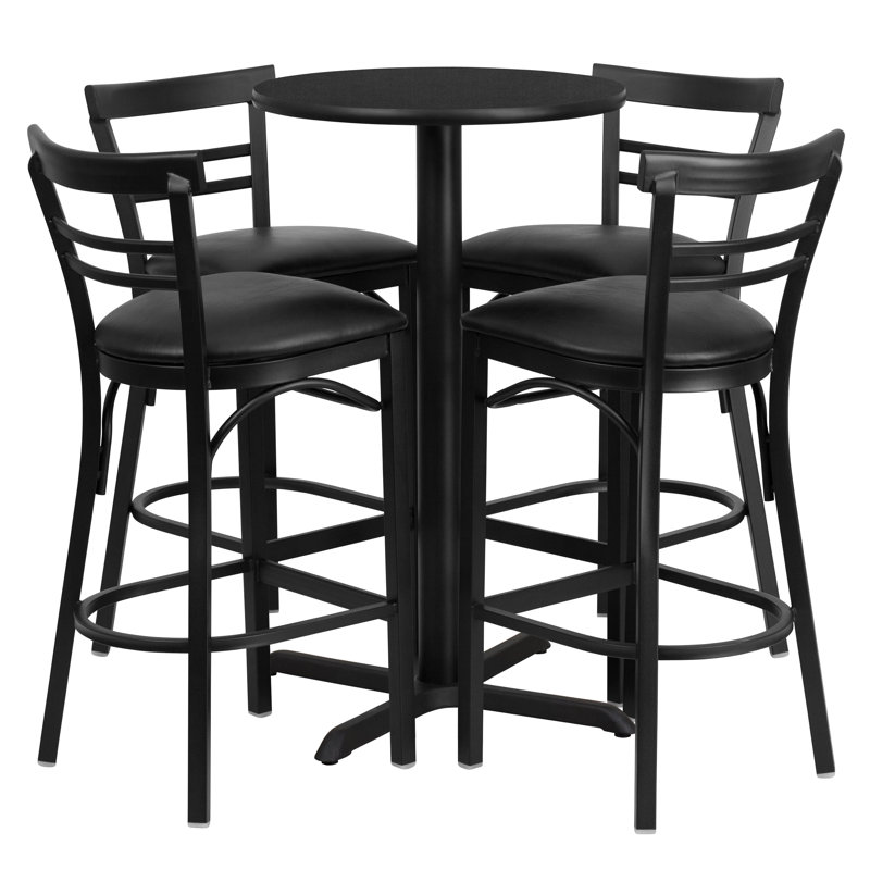 Black Round Laminate Pub Table Set with 4 Burgundy Vinyl Bar Stools