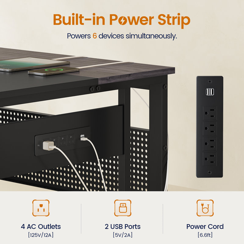 71" L-Shaped Executive Desk With Power Outlets, Modern Home Office Corner Desk with File Drawers and Pegboard, Gray