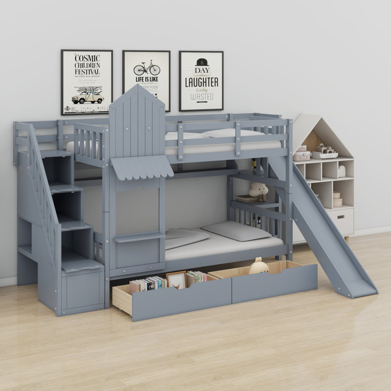 Lit superposé de style château avec 2 tiroirs, 3 tablettes et glissade, Gris