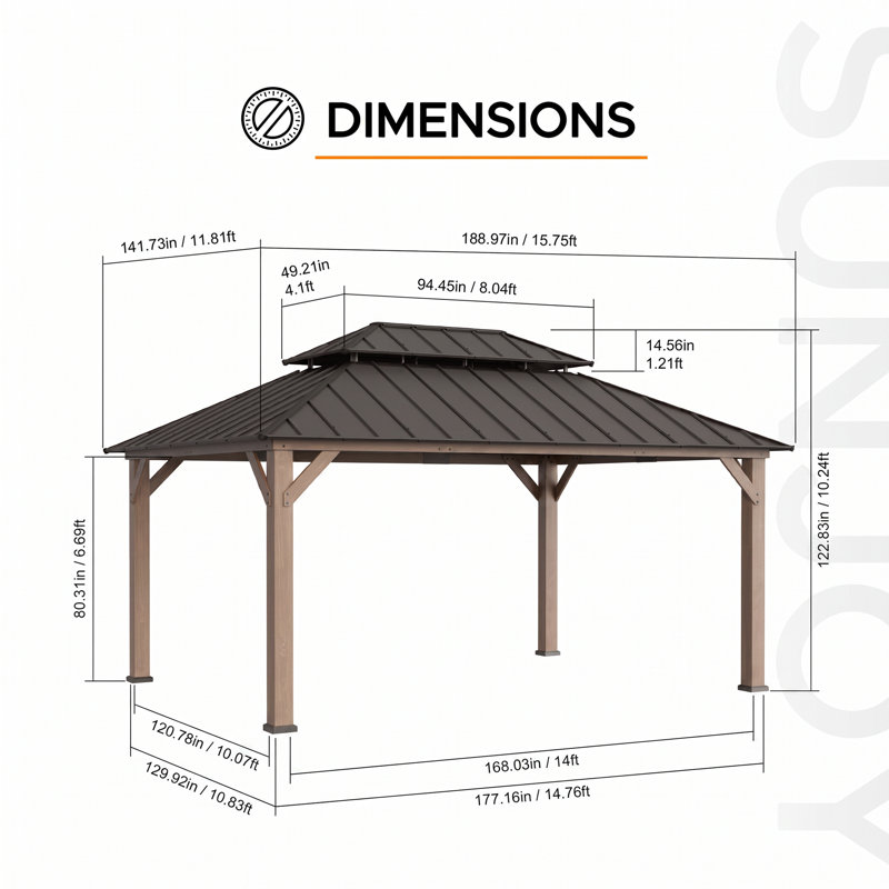 Sunjoy 12 x 16 ft Extra Large Cedar Wood Gazebo, 2-Tier Coated Steel Hardtop, Dark Brown Roof for Patio, Lawn & Backyard