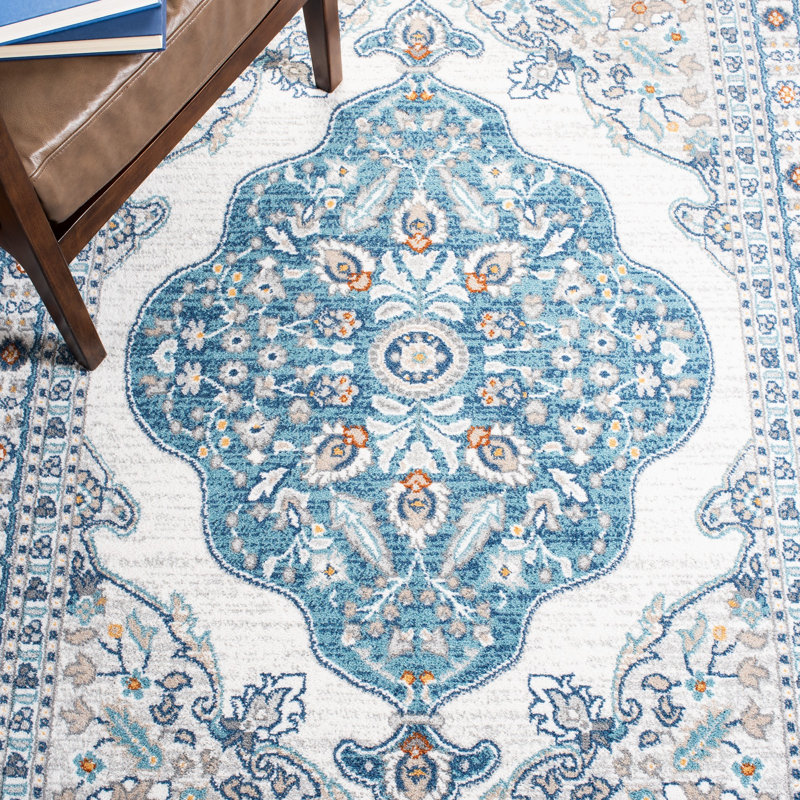 Tapis intérieur/extérieur bleu foncé/ivoire oriental Slesnick, Rectangle 5 pi 3 po x 7 pi 7 po