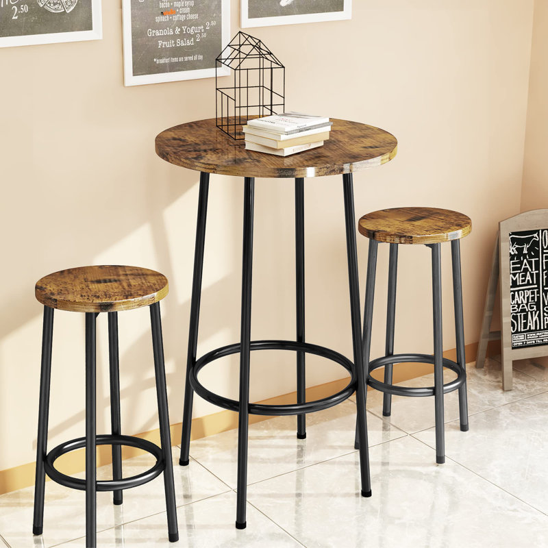 Modern Round Bar Table Set for Small Spaces - 2 Stools with Footrest