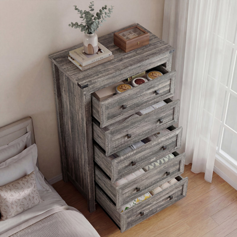 Commode étroite à 5 tiroirs de 15,75 po avec glissières et rangement anti-basculement pour la chambre à coucher Lasharon