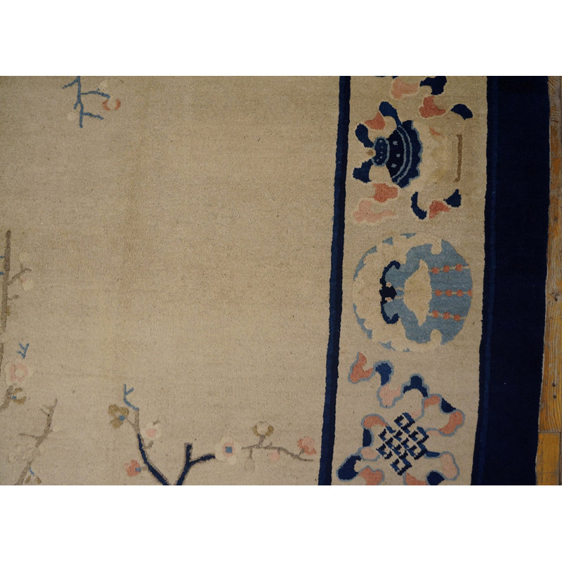 Rectangle 1900s Ivory Beige Cream White Wool Antique Hand Knotted Pile Rug