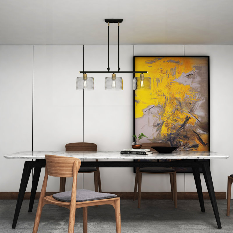 3 - Light Kitchen Island Pendant, Black/Antique Brass, Clear