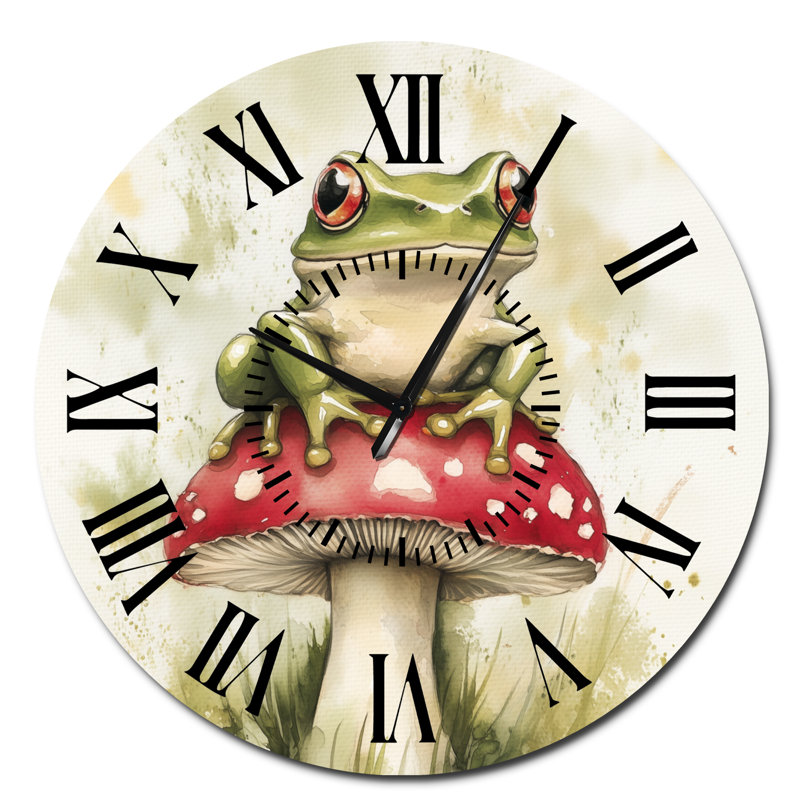 Horloge murale silencieuse en métal « Grenouille sur champignon des bois » - Style cottage, Surdimensionné