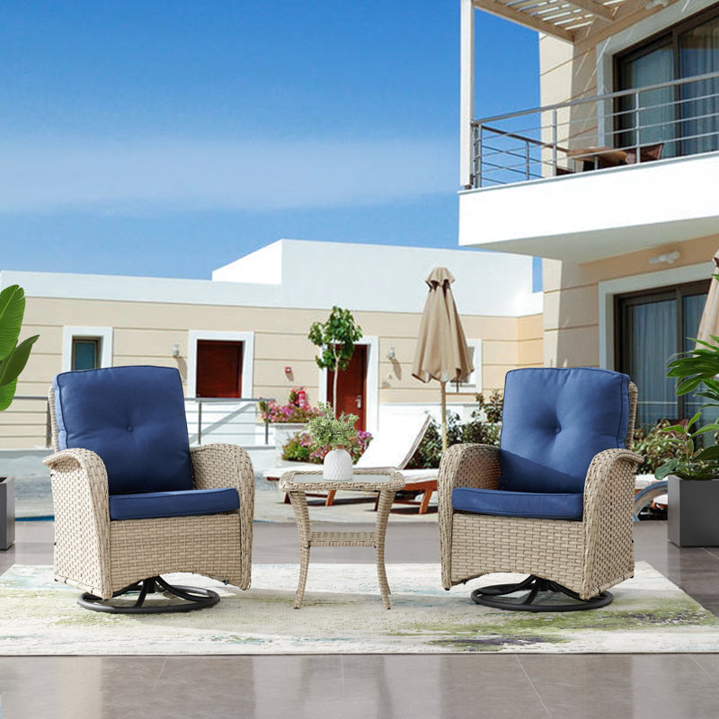 Gaetanino 2- Person Wicker Outdoor Seating Group with Cushions, Birch Frame/Blue Cushion