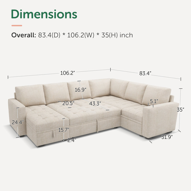 Latitude Run® U Shaped Sleeper Sectional Modular Sofa Bed With Storage Chaise, Beige Polyester