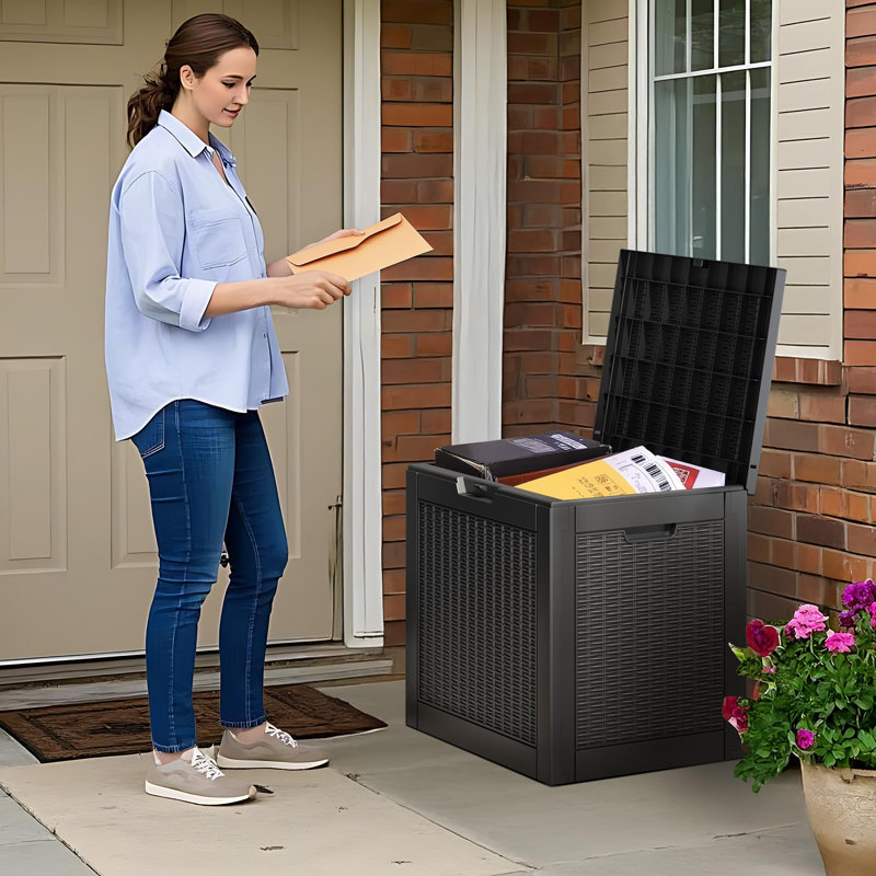Decksplore 30 Gallons Water Resistant Resin Lockable Deck Box(Rattan weave style), Black, 20.87" H x 17.09" W x 22.09" D