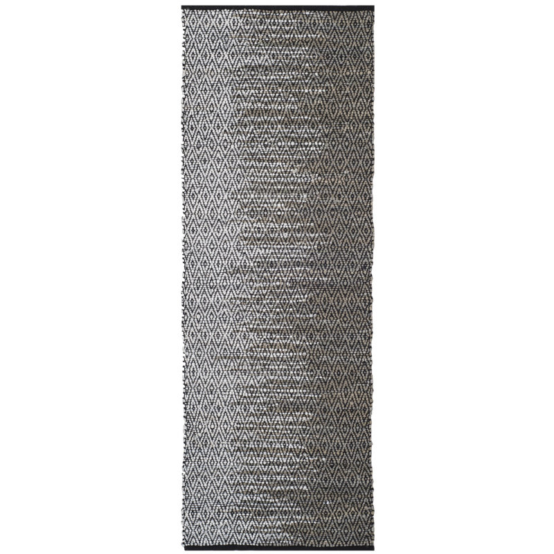 Exley Vintage Leather Hand Woven Leather/Cotton Geometric Rug in Grey, Runner 2'3" x 9'