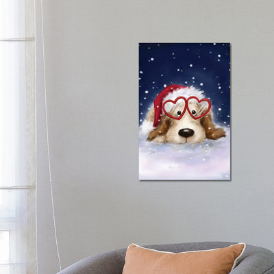 Dog With Santa S Hat by MAKIKO - Wrapped Canvas Print