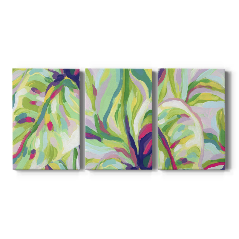 Bright Tropical Abstraction I - Toile tendue sur mesure avec châssis - 3 pièces, H 18 po x l 36 po