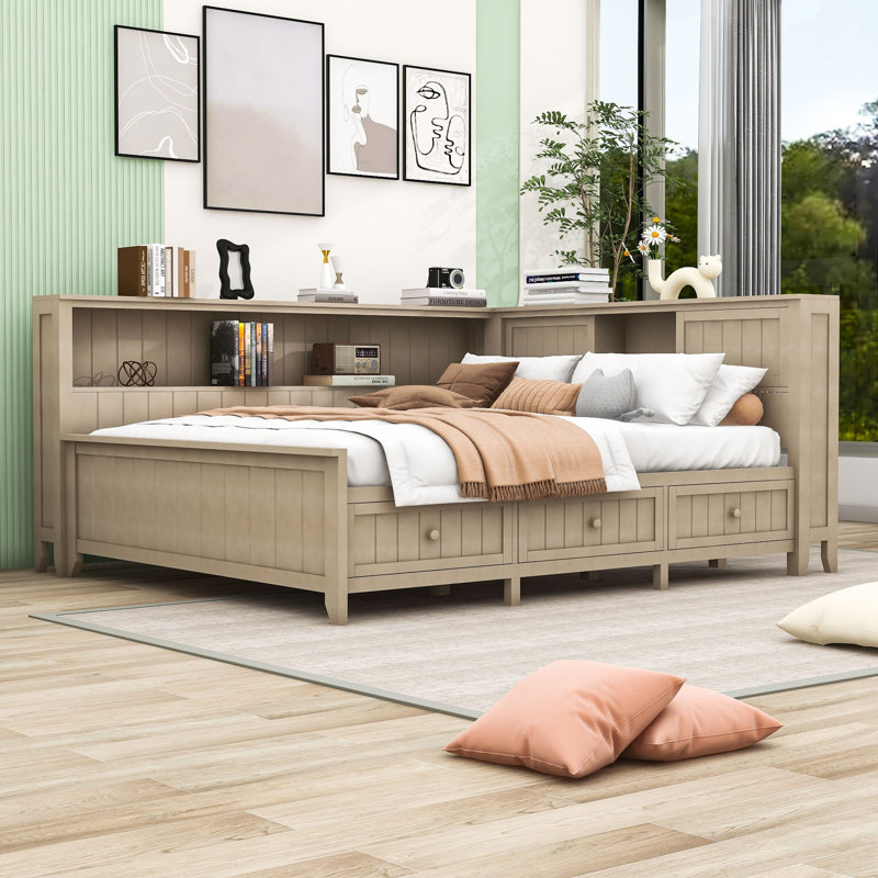 Crionna Wood Daybed with Built-In Storage Drawers and Shelves, Full/Double