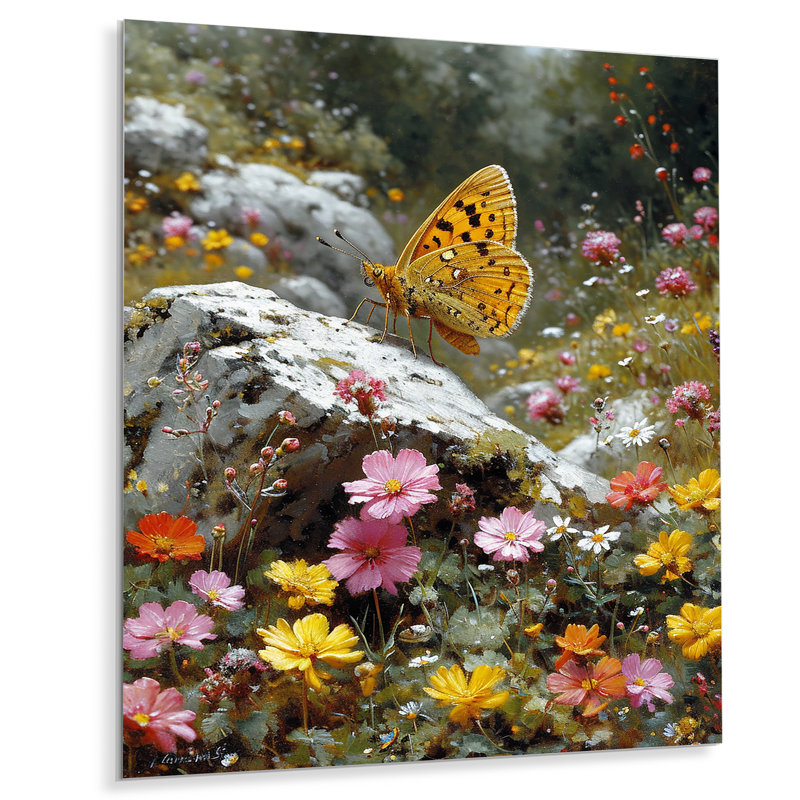 Tigre, machaon sur un rocher en champ de fleurs - papillon, art mural, Métal métal, H 44 po x l 34 po x P 1,5 po