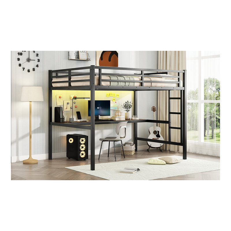 Lit mezzanine double en métal avec prise de courant et éclairage DEL, peu encombrant, noir, Lit double