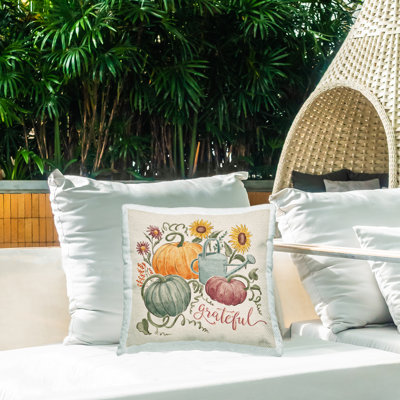 Coussin extérieur Gratitude Calligraphy Seasonal Autumn Plants Sunflowers par Janelle Penner