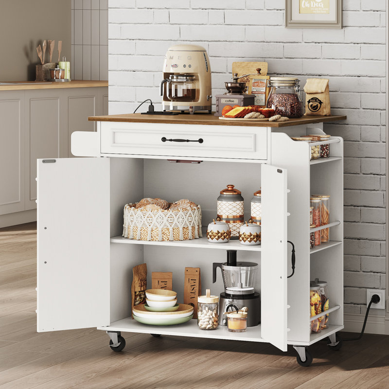 Îlot de cuisine 32,4 po avec prises de courant et rallonge, chariot de rangement roulant avec tiroir et étagère à épices