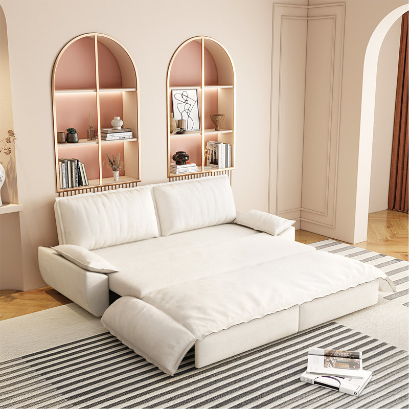 73.2" Queen Pull Out Sofa Bed,3-In-1 Convertible Sleeper Sofa,Multi-Functional Velvet Loveseat Bed,Black, Beige+White Velvet