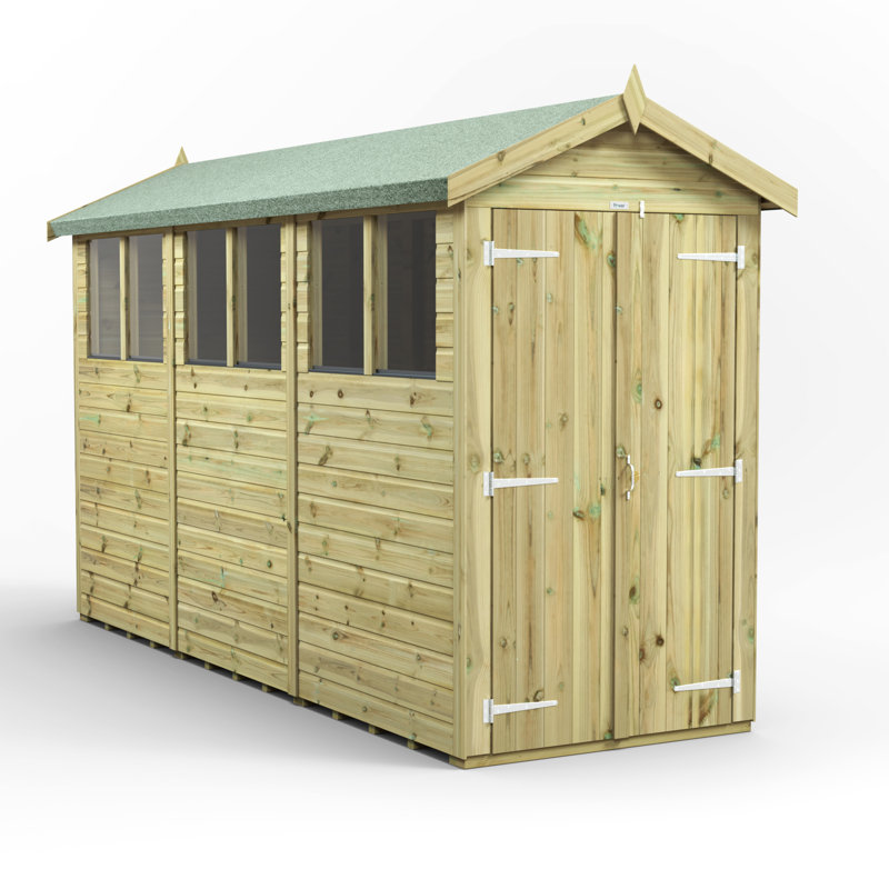 Powersheds 12 x 4ft Premium Pressure Treated Timber Apex Garden Shed, Double Doors