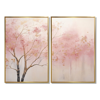 Minimalisme, forêt rose et or II - paysages de forêt, impressions d'art sur toile à 2 panneaux