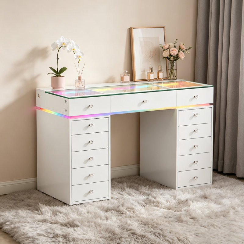 51" White Glass Top Vanity Desk with 13 Drawers, RGB Lights & Charging Ports, White