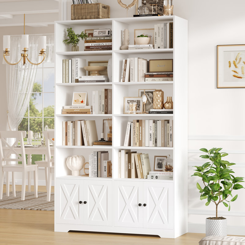 77"H 6-Tier Standard Bookcase With Door, Farmhouse Display Storage Cabinet For Home Office, White