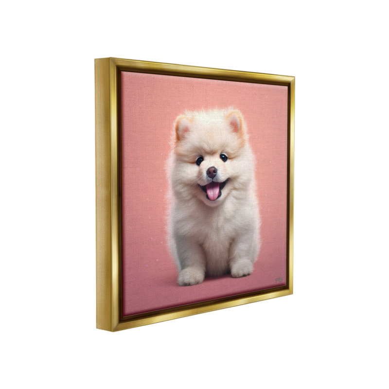 "Fluffy Puppy On Pink" par RB sur toile, Cadre flottant métallique doré, H 18 po x l 18 po