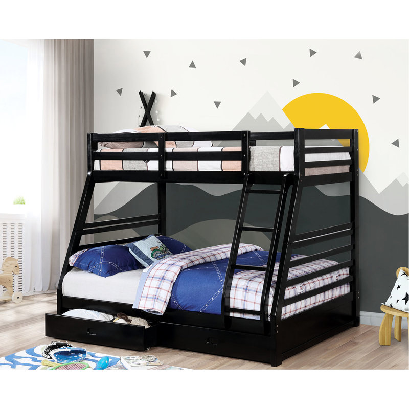 Lit superposé simple au-dessus d'un lit double avec apparence transitionnelle, bois massif noir, deux tiroirs, attaché et 10 pièces Lattes avec style, structure en bois