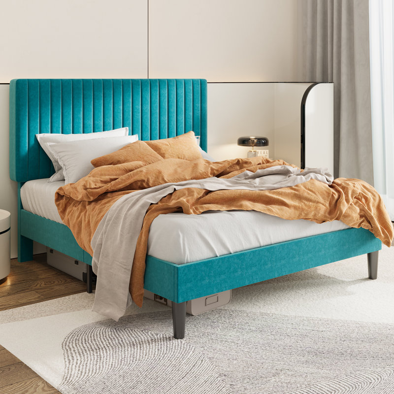 Lit plateforme tapissier en velours avec tête de lit capitonnée verticale ajustable, Sarcelle, Grand