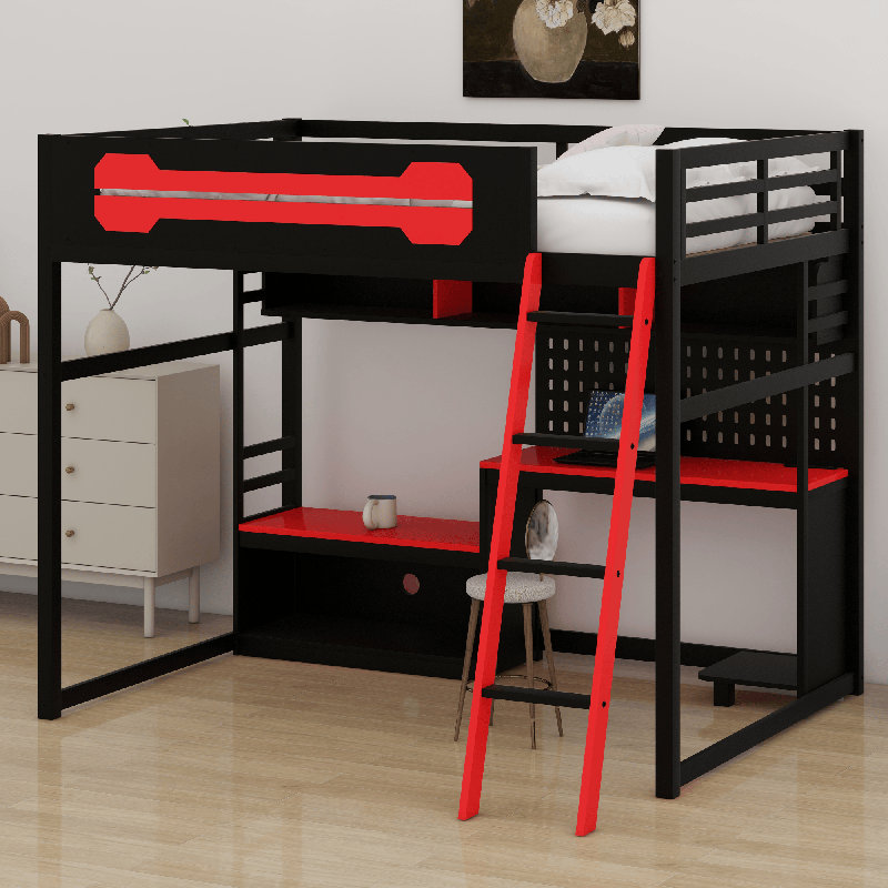 Lit mezzanine en bois avec bureau, Noir / rouge
