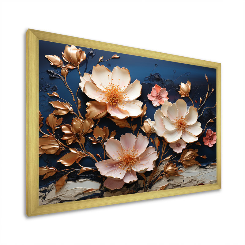 Fleurs blanches et bleues coquelicots I - art mural floral abstrait, H 12 po x l 20 po x P 1 po, Cadre d'angle fermé doré
