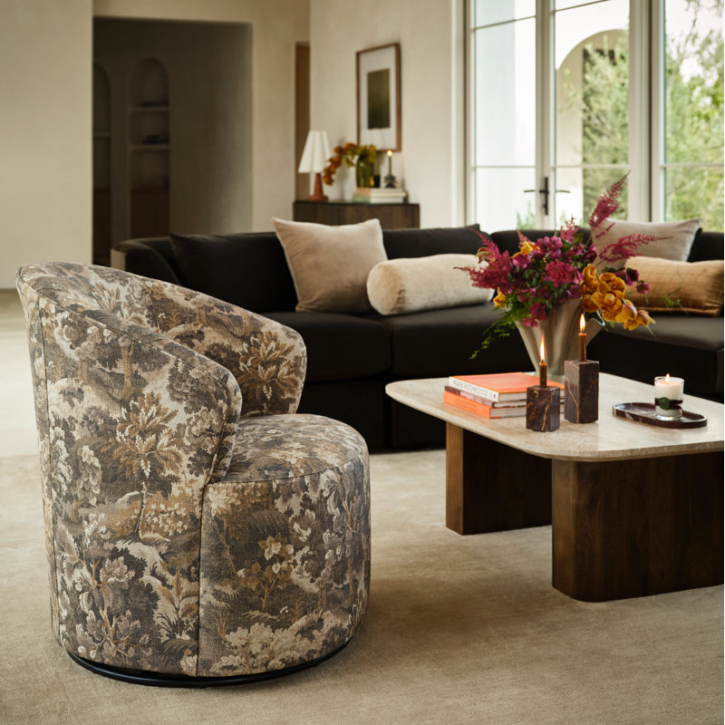 Deryn Upholstered Swivel Barrel Chair, Annisa Sage Vintage Tapestry