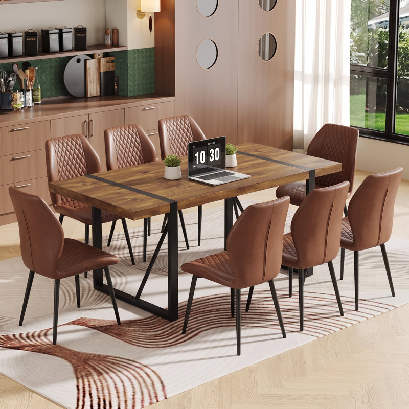 Ensemble de salle à manger rectangulaire en bois de style industriel moderne du milieu du siècle, 9 pièces, avec chaises en similicuir