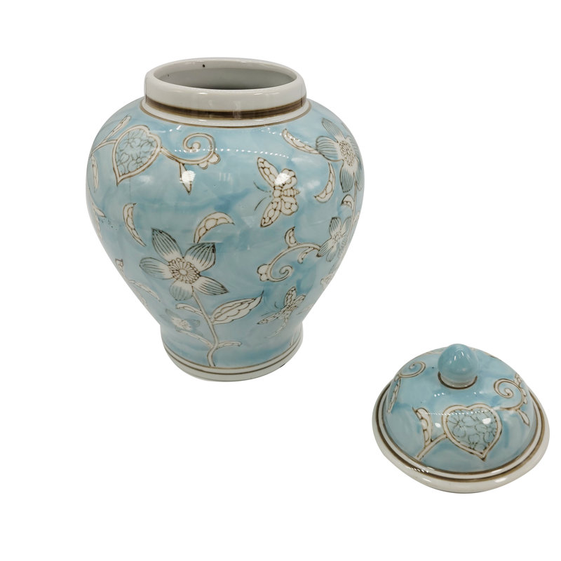 Light Blue Floral Ceramic Ginger Jar, 12"