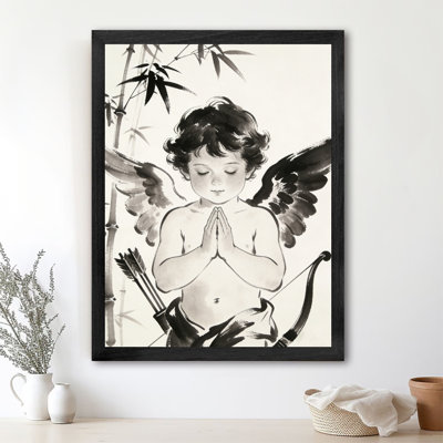 Black Framed Ink painting Cupid holding a bow and arrow Wall Art Valentine's Day theme Framed Prints